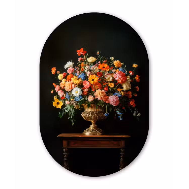 Goud - Bloemen - Kleuren - Vaas Wandcirkel Ovaal Glas middel -3d