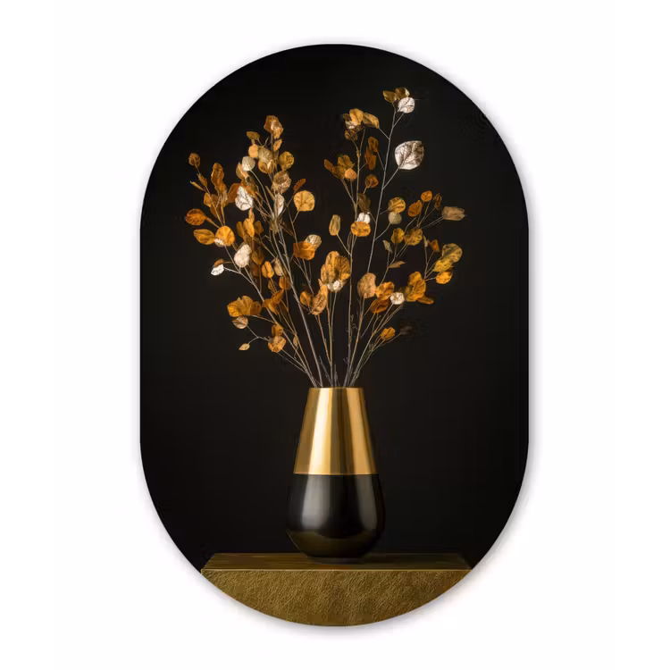 Goudbruine - Bladeren - Vaas - Herfstachtig Wandcirkel Ovaal Glas middel -3d