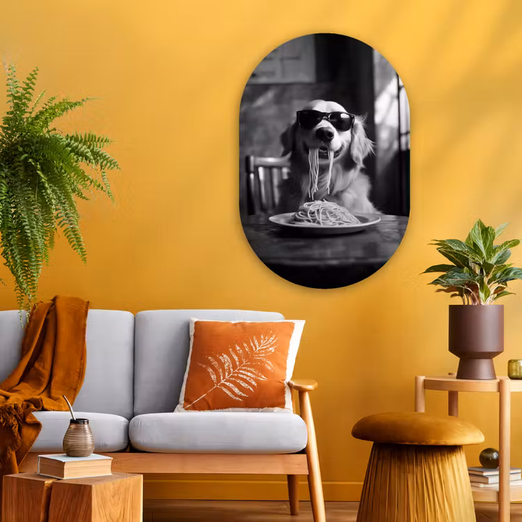 Golden Retriever - Hond - Vrolijk - Bord spaghetti - Zwart - wit Wandcirkel Ovaal Glas middel -sfeer4