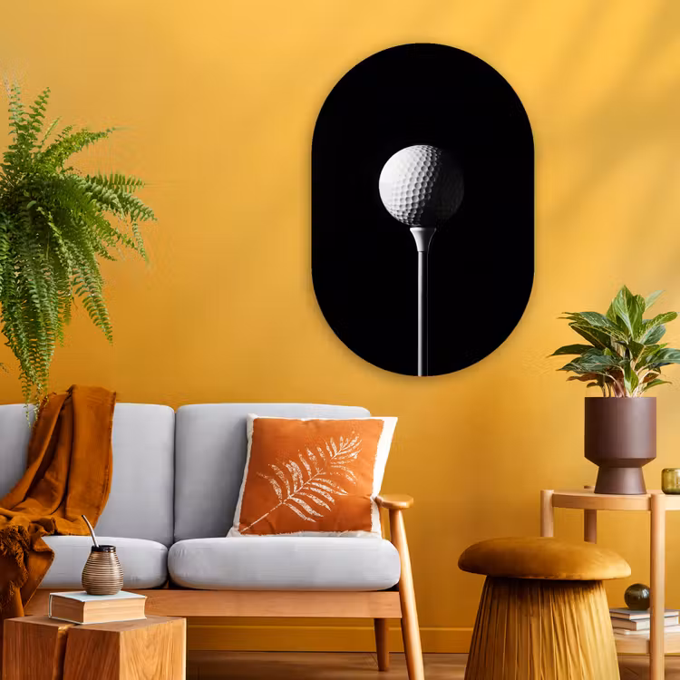 Golfbal - Minimalistisch - Wit Wandcirkel Ovaal Glas middel -sfeer4