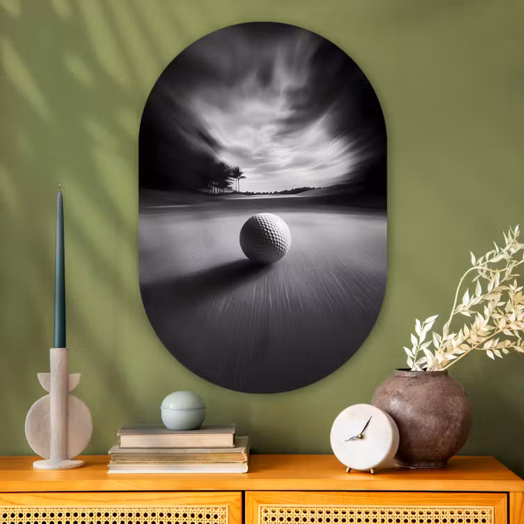 Golfbal - Wazig - Zwart Wandcirkel Ovaal Glas middel -sfeer2