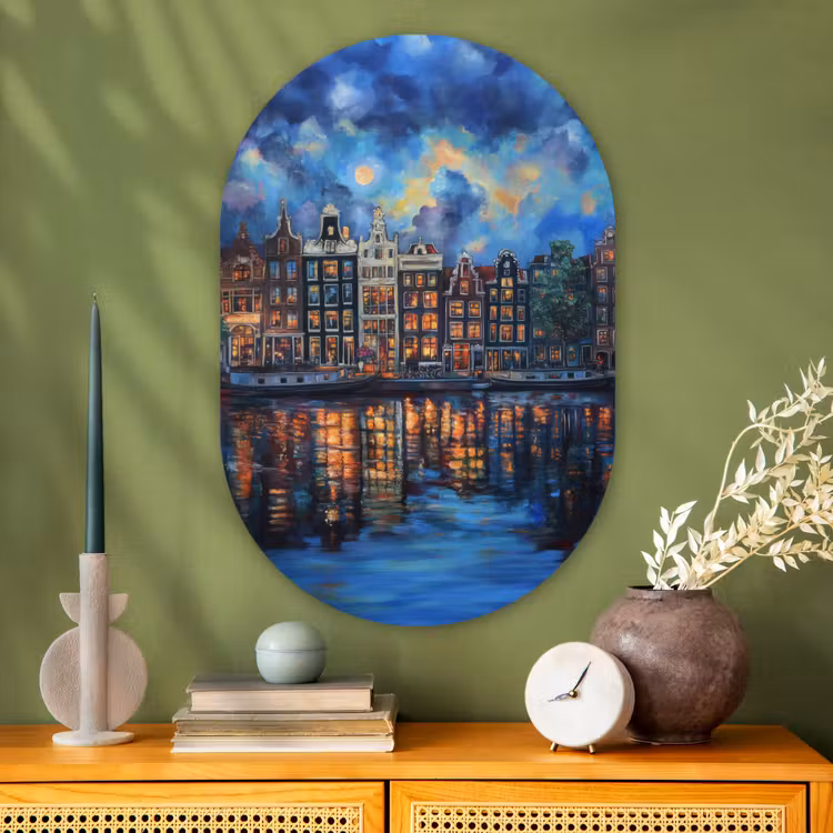 Grachten Amsterdam - Huizen - Stad - Kleurrijk Wandcirkel Ovaal Glas middel -sfeer2
