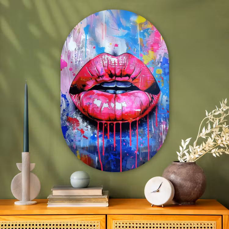 Graffiti - Lippen - Felroze - Geschilderd Wandcirkel Ovaal Glas middel -sfeer2