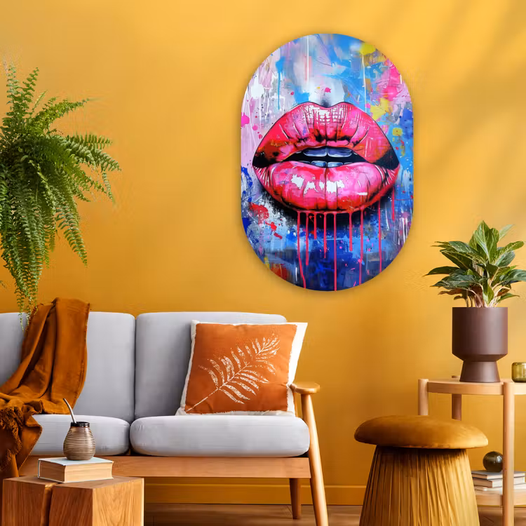 Graffiti - Lippen - Felroze - Geschilderd Wandcirkel Ovaal Glas middel -sfeer4