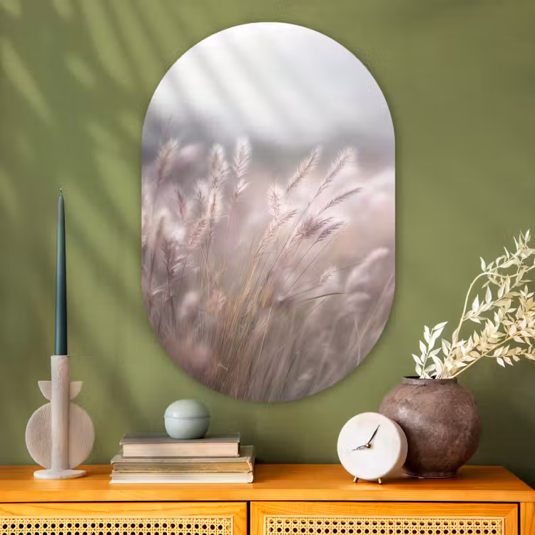 Graspluimen - Wind - Beige - Mistig Wandcirkel Ovaal Glas middel -sfeer2