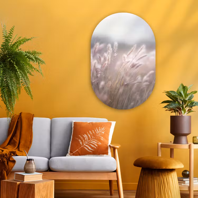 Graspluimen - Wind - Beige - Mistig Wandcirkel Ovaal Glas middel -sfeer4