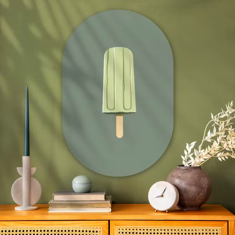 Groen - Waterijsje - Stokje - Illustratie Wandcirkel Ovaal Glas middel -sfeer2