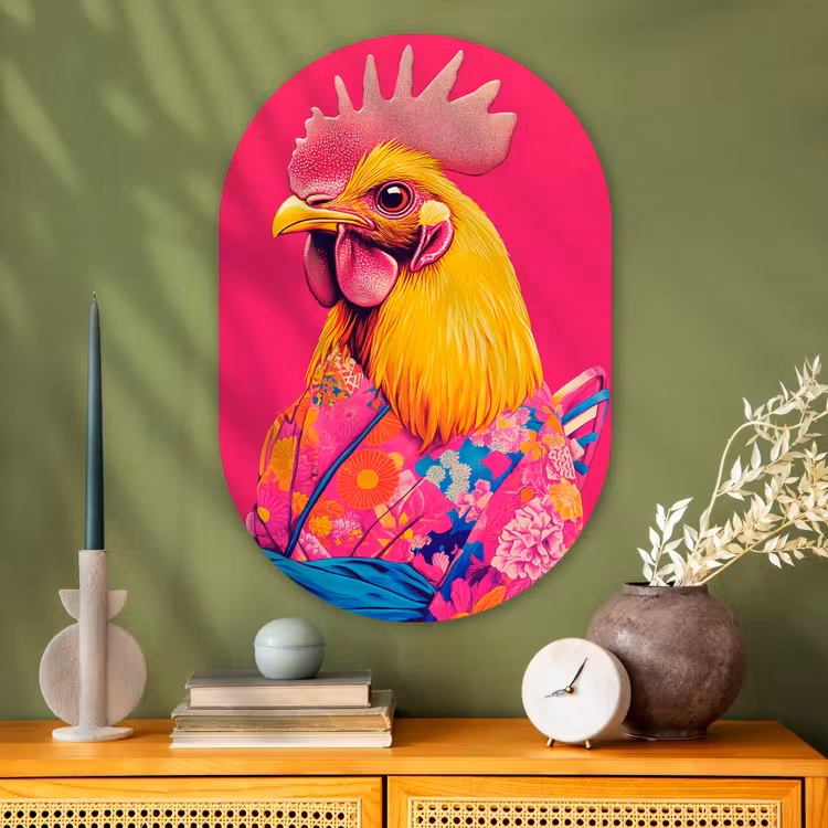 Haan - Kleurrijk - Kimono - Roze Wandcirkel Ovaal Glas middel -sfeer2