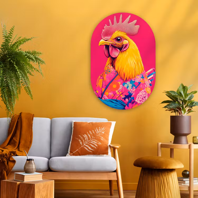 Haan - Kleurrijk - Kimono - Roze Wandcirkel Ovaal Glas middel -sfeer4