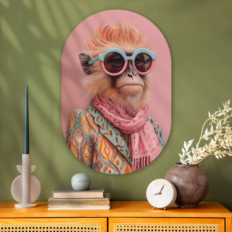 Sjaal - Aap - Zonnebril - Jasje Wandcirkel Ovaal Glas middel -sfeer2