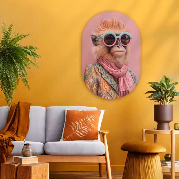 Sjaal - Aap - Zonnebril - Jasje Wandcirkel Ovaal Glas middel -sfeer4