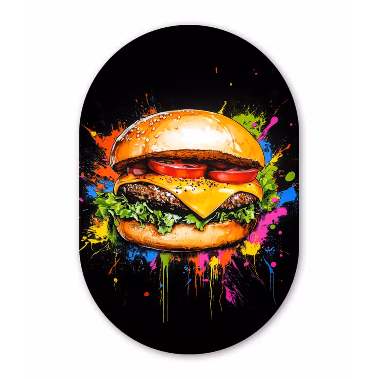 Hamburger - Graffiti - Verf - Kleurrijk - Eten - Abstract Wandcirkel Ovaal Glas middel -3d