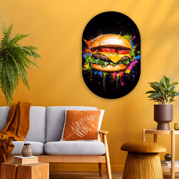 Hamburger - Graffiti - Verf - Kleurrijk - Eten - Abstract Wandcirkel Ovaal Glas middel -sfeer4