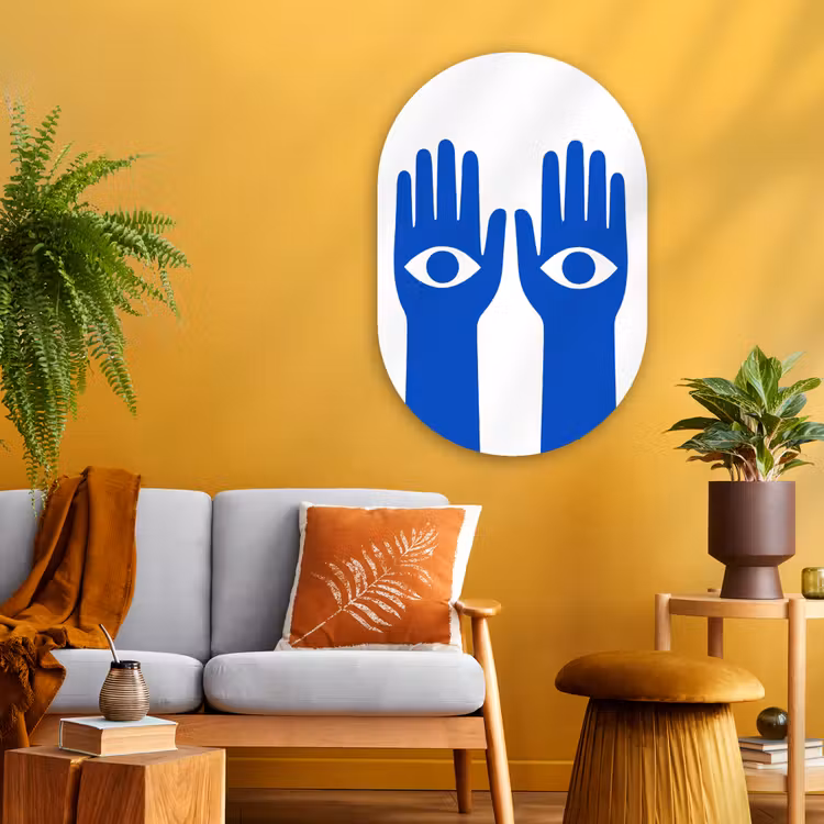 Handen - Twee - Ogen - Blauw Wandcirkel Ovaal Glas middel -sfeer4