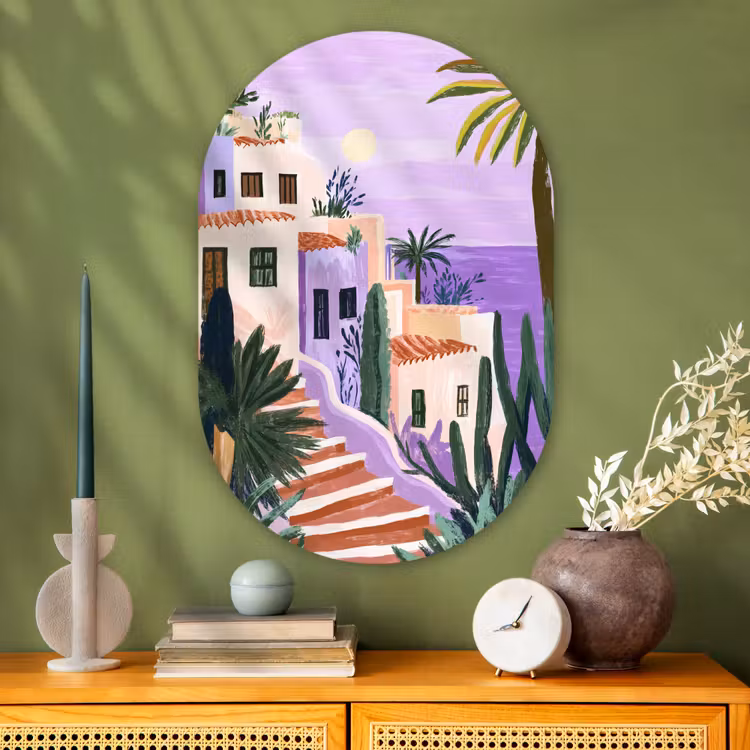 Huizen - Minimalistisch - Palmbomen - Kust Wandcirkel Ovaal Glas middel -sfeer2