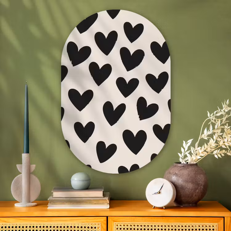 Hartjes - Zwart - Beige Wandcirkel Ovaal Glas middel -sfeer2