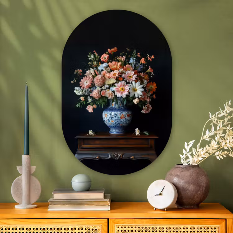 Hout - Vaas - Kleuren - Bloemen Wandcirkel Ovaal Glas middel -sfeer2