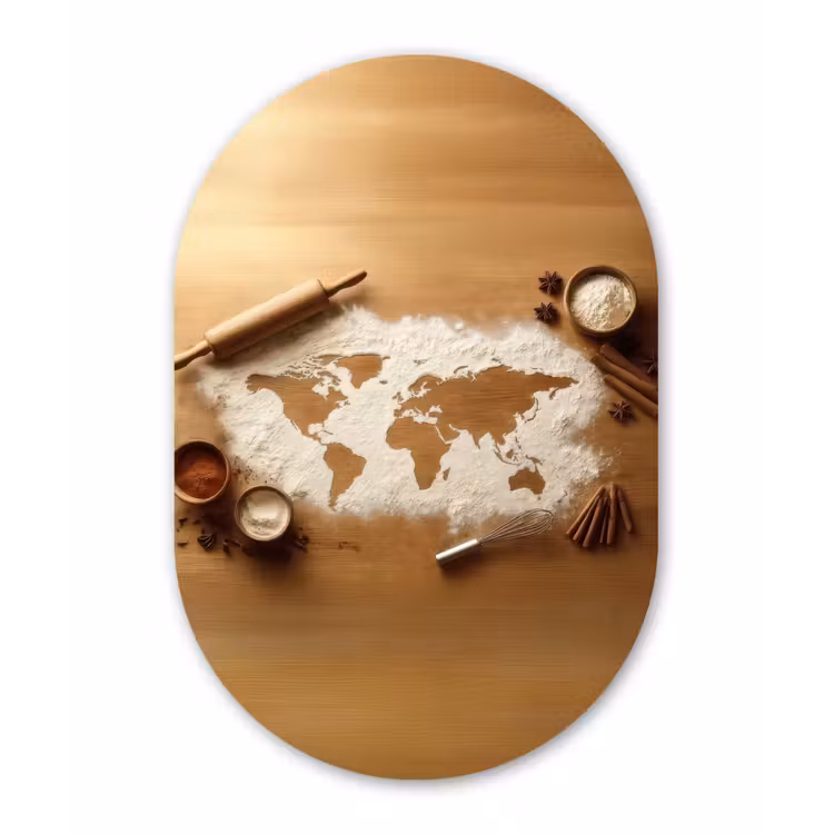 Hout - Wereldkaart - Bakken - Keuken Wandcirkel Ovaal Glas middel -3d