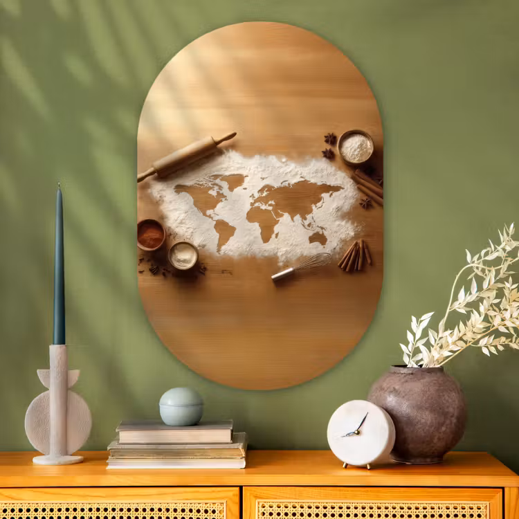 Hout - Wereldkaart - Bakken - Keuken Wandcirkel Ovaal Glas middel -sfeer2