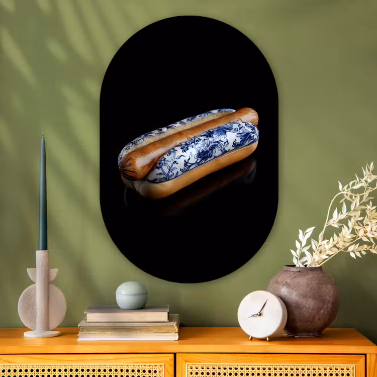 Hotdog - Porselein - Delfts blauw - Eten Wandcirkel Ovaal Glas middel -sfeer2