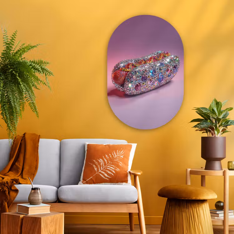 Hotdog - Steentjes - Glitters - Paars Wandcirkel Ovaal Glas middel -sfeer4