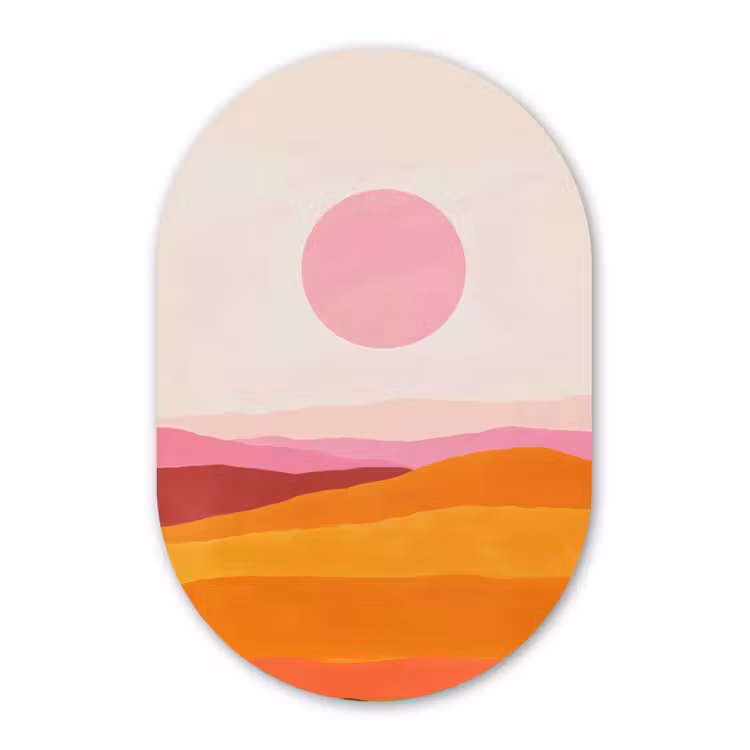 Heuvels - Oranje - Zon - Abstract Wandcirkel Ovaal Glas middel -3d