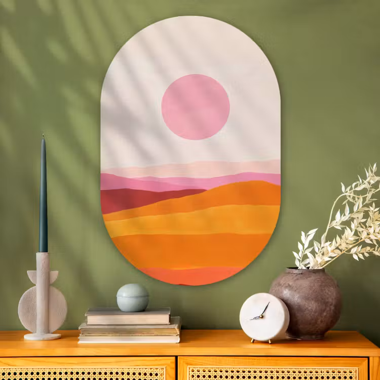 Heuvels - Oranje - Zon - Abstract Wandcirkel Ovaal Glas middel -sfeer2