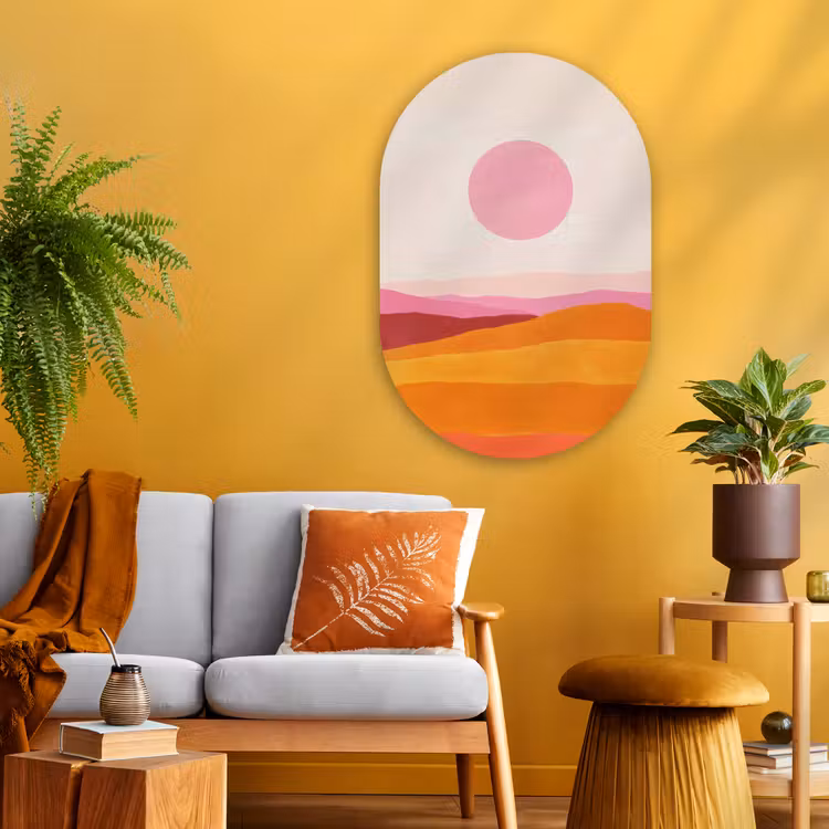Heuvels - Oranje - Zon - Abstract Wandcirkel Ovaal Glas middel -sfeer4
