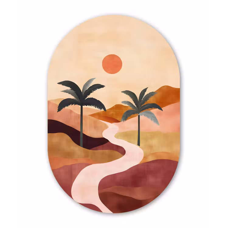 Heuvels - Palmbomen - Abstract Wandcirkel Ovaal Glas middel -3d