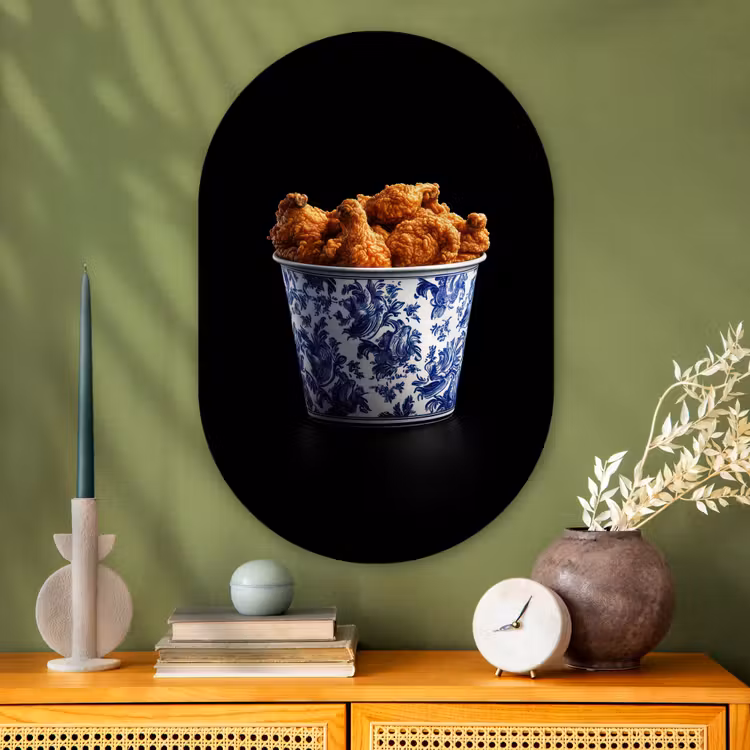 Kip - Bucket - Delfts blauw - Lekker Wandcirkel Ovaal Glas middel -sfeer2
