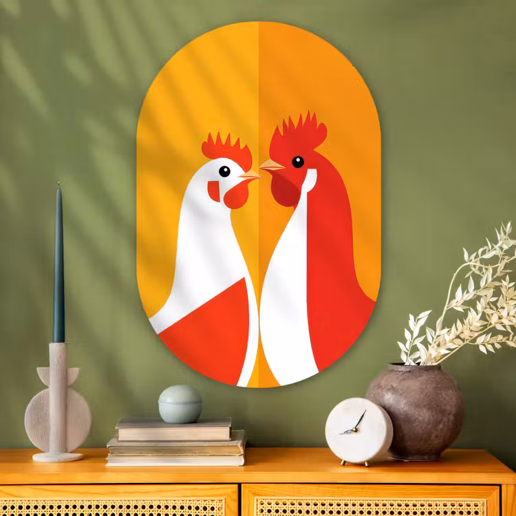 Kippen - Oranje - Vlakken Wandcirkel Ovaal Glas middel -sfeer2