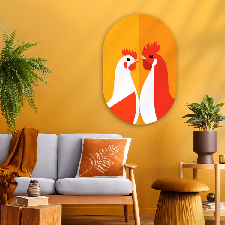 Kippen - Oranje - Vlakken Wandcirkel Ovaal Glas middel -sfeer4