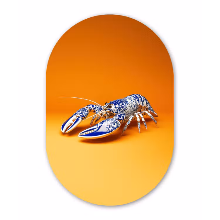 Kreeft - Delftsblauw - Schild - Stoer - Oranje Wandcirkel Ovaal Glas middel -3d