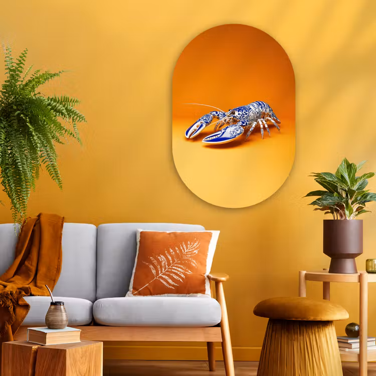 Kreeft - Delftsblauw - Schild - Stoer - Oranje Wandcirkel Ovaal Glas middel -sfeer4