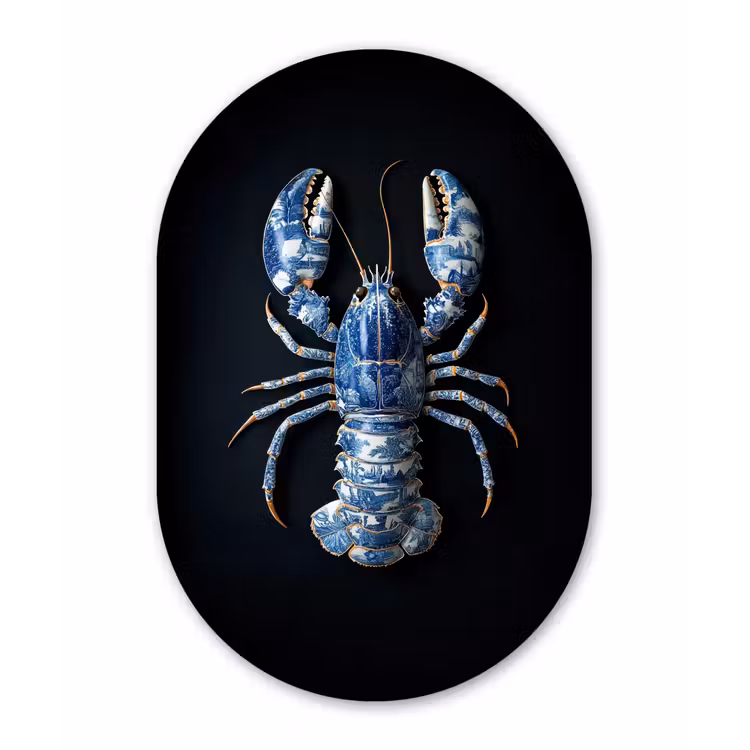 Kreeft - Delftsblauw - Schild - Stoer Wandcirkel Ovaal Glas middel -3d