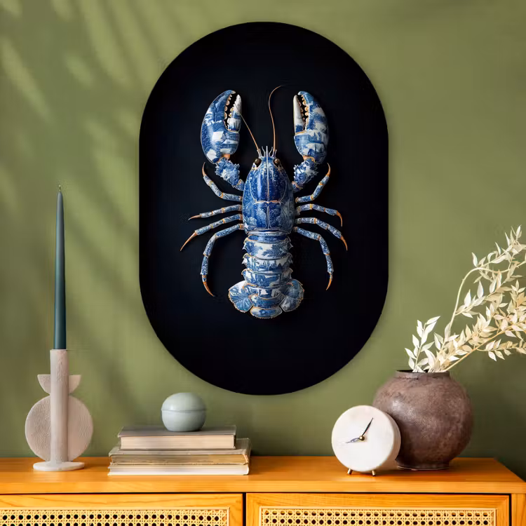 Kreeft - Delftsblauw - Schild - Stoer Wandcirkel Ovaal Glas middel -sfeer2