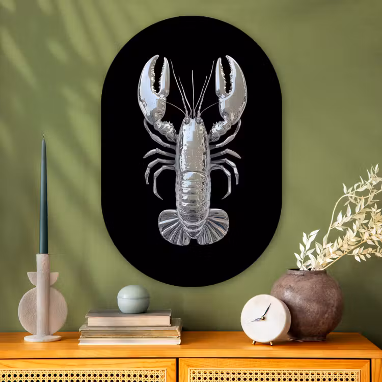 Kreeft - Zilver - Metallic - Luxe Wandcirkel Ovaal Glas middel -sfeer2