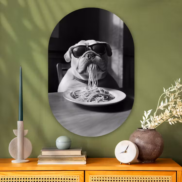 Hond - Bulldog - Pasta - Bril - Stoer - Dieren Wandcirkel Ovaal Glas middel -sfeer2