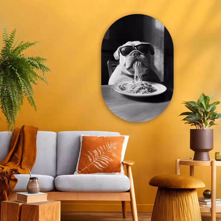 Hond - Bulldog - Pasta - Bril - Stoer - Dieren Wandcirkel Ovaal Glas middel -sfeer4