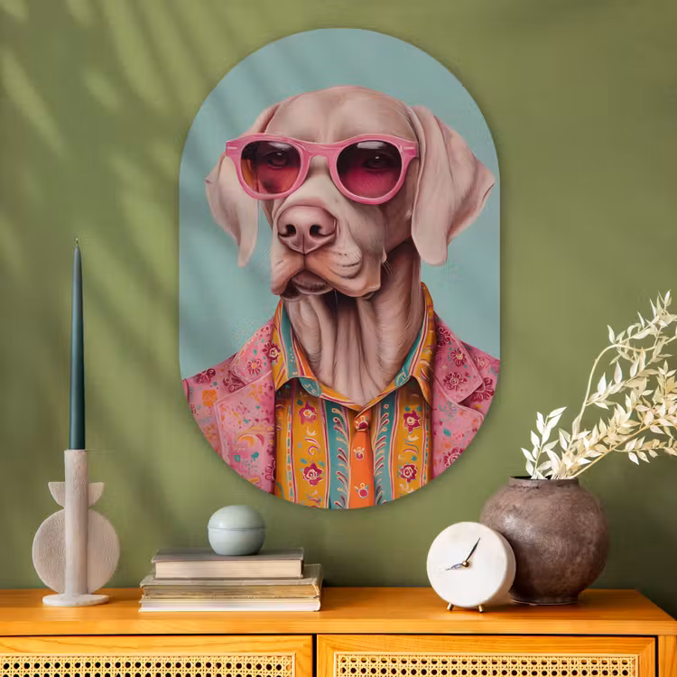 Hond - Overhemd - Bloemen - Bril Wandcirkel Ovaal Glas middel -sfeer2