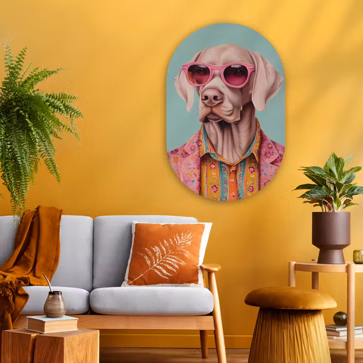 Hond - Overhemd - Bloemen - Bril Wandcirkel Ovaal Glas middel -sfeer4