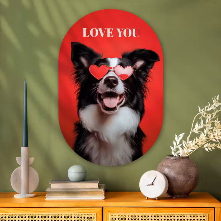 Hond - Hartjesbril - Loveyou - Rood Wandcirkel Ovaal Glas middel -sfeer2