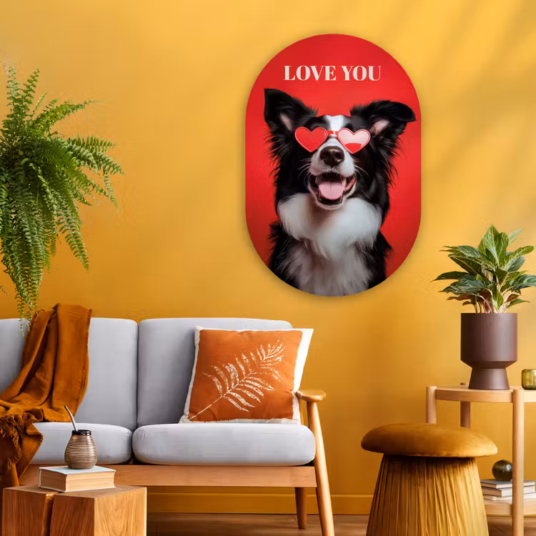 Hond - Hartjesbril - Loveyou - Rood Wandcirkel Ovaal Glas middel -sfeer4