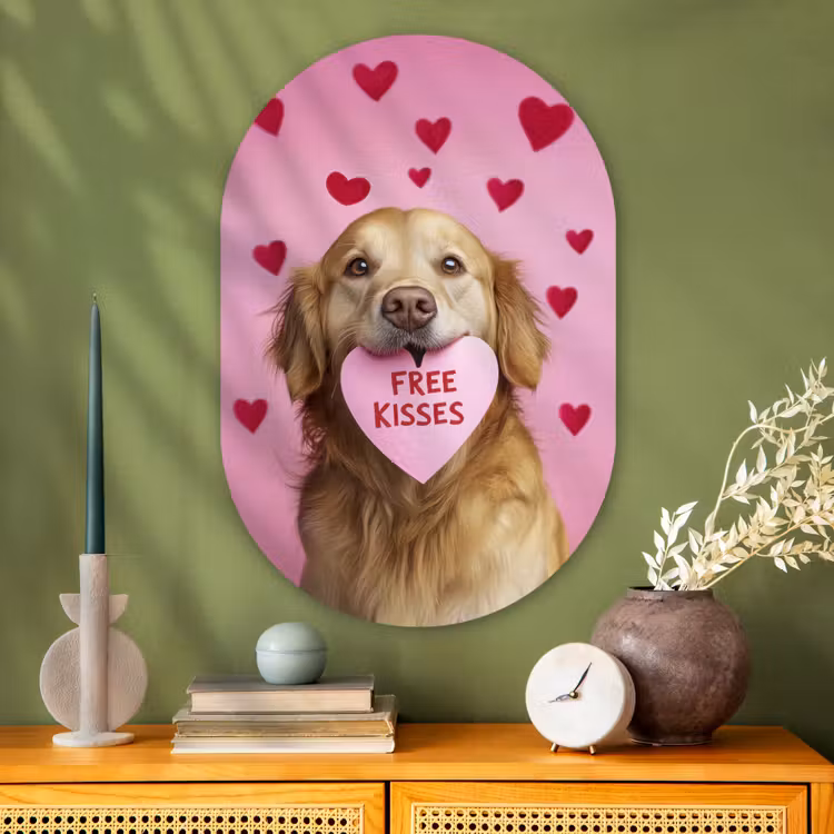 Hond - Kiss- Valentijn - Hartjes Wandcirkel Ovaal Glas middel -sfeer2