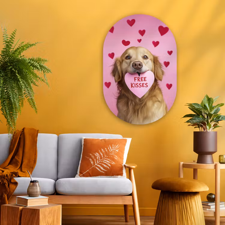 Hond - Kiss- Valentijn - Hartjes Wandcirkel Ovaal Glas middel -sfeer4