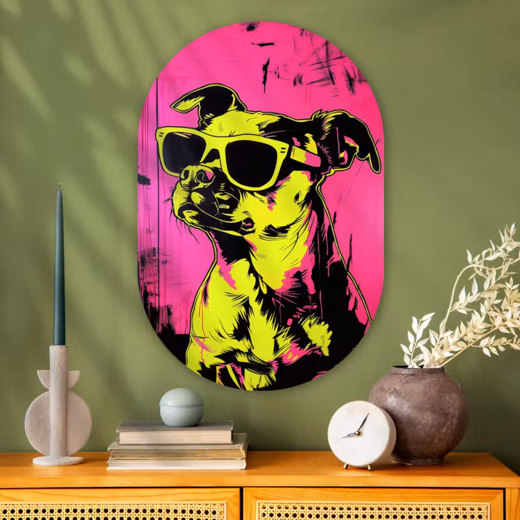 Hond - Zonnebril - Roze - Art Wandcirkel Ovaal Glas middel -sfeer2