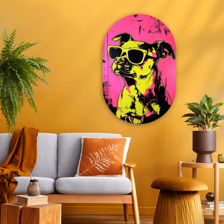 Hond - Zonnebril - Roze - Art Wandcirkel Ovaal Glas middel -sfeer4