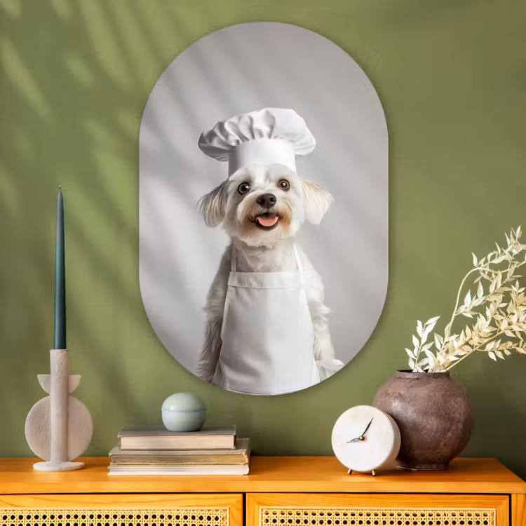 Hond - Wit - Kok Wandcirkel Ovaal Glas middel -sfeer2