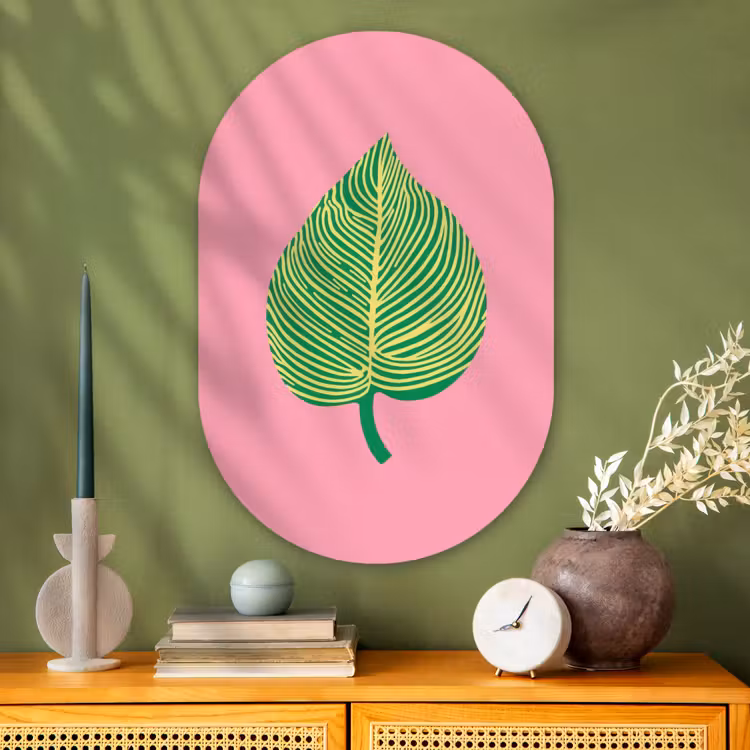 Illustratie - Blad - Minimalistisch - Groen Wandcirkel Ovaal Glas middel -sfeer2