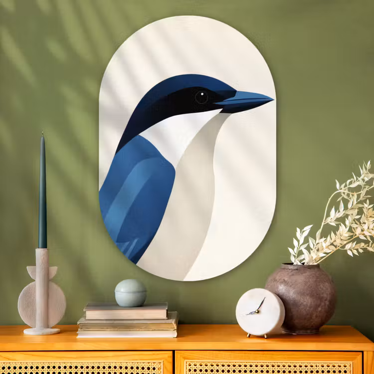 Illustratie - Blauw - Vogel Wandcirkel Ovaal Glas middel -sfeer2